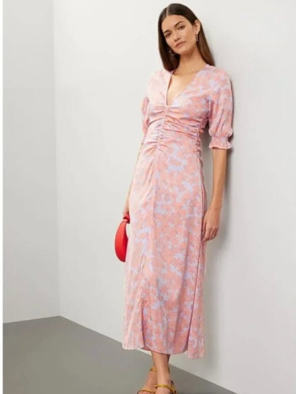 Baum und Pferdgarten Amma Dress Floral Silk Puff Sleeve Ruched Midi Pink 38 US 6
